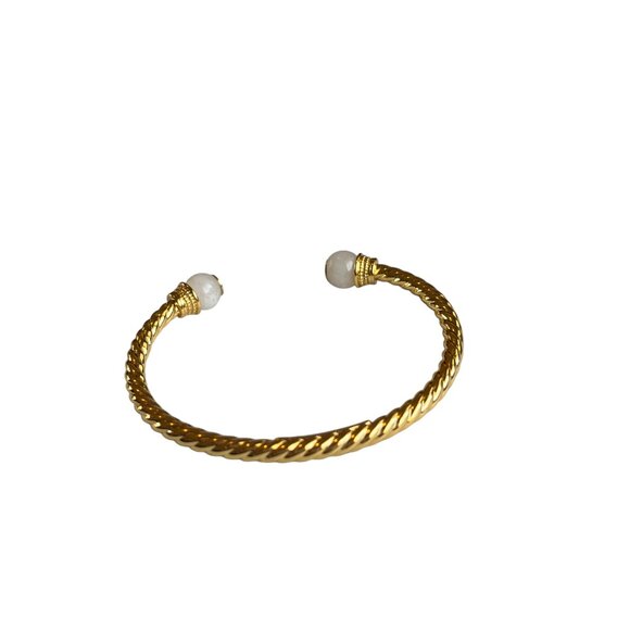 Rustic Cuff Twisted Gold Bracelet with Cream Ends - Picture 2 of 4